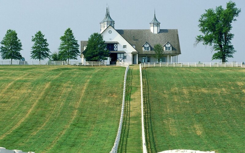 White farmhouse on a green hill