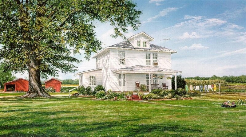 White Farmhouse with Red Sheds