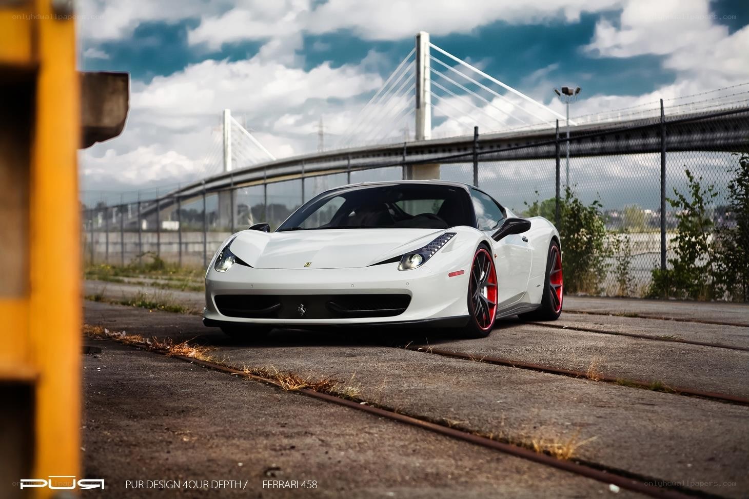 White Ferrari 458 on a bridge