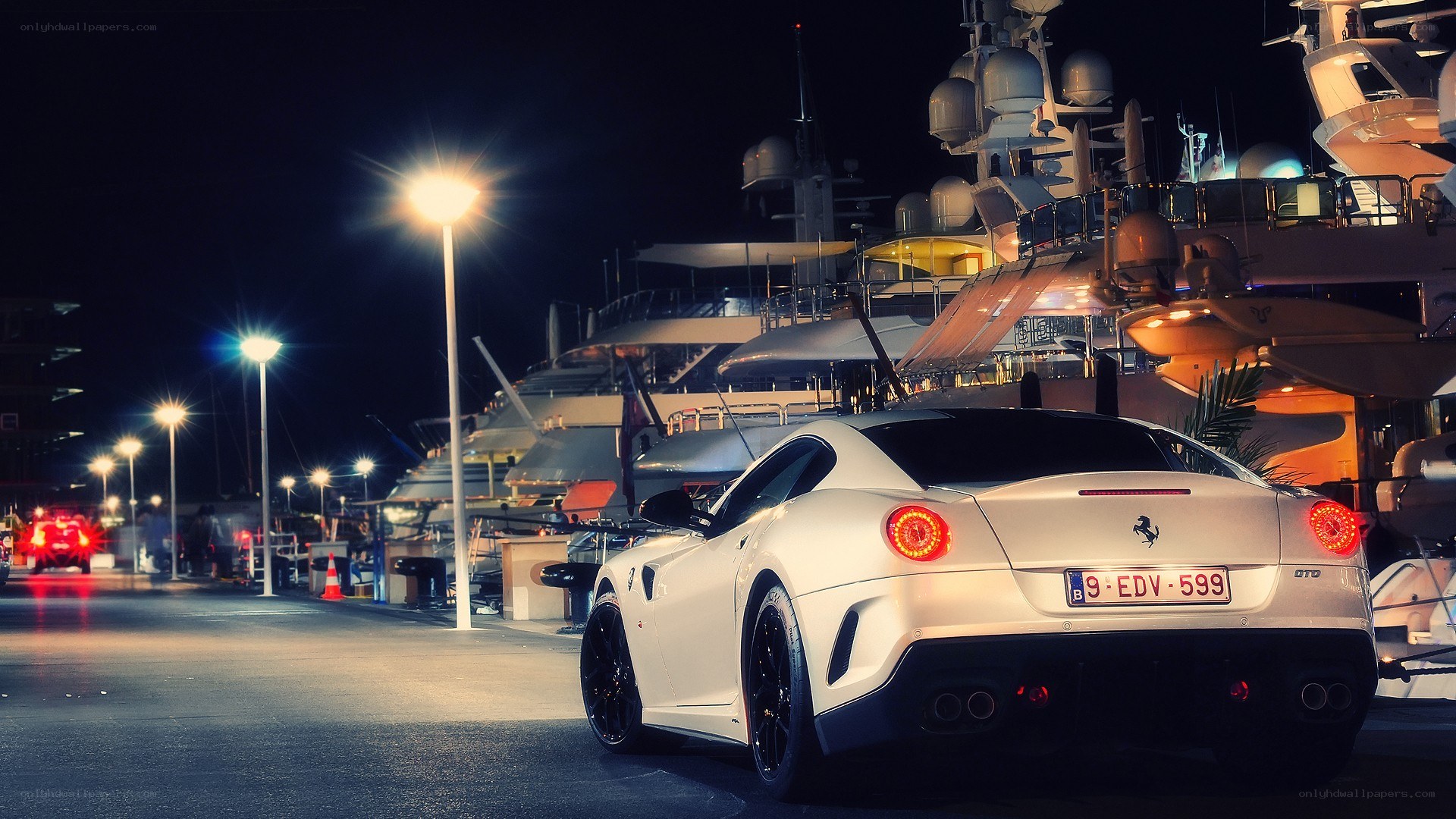 White Ferrari at a marina
