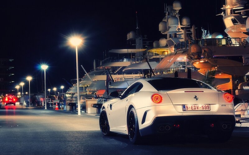 White Ferrari Car — Dramatic, Night, Photograph