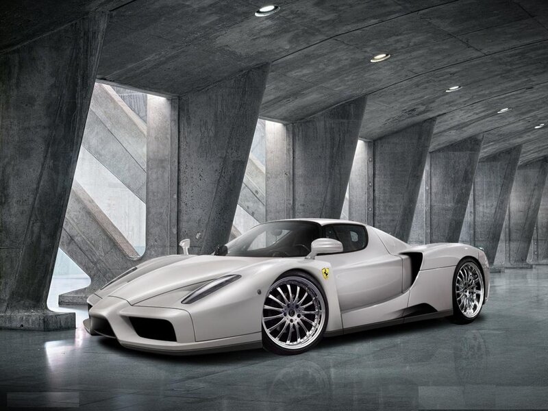 White Ferrari Enzo in concrete garage