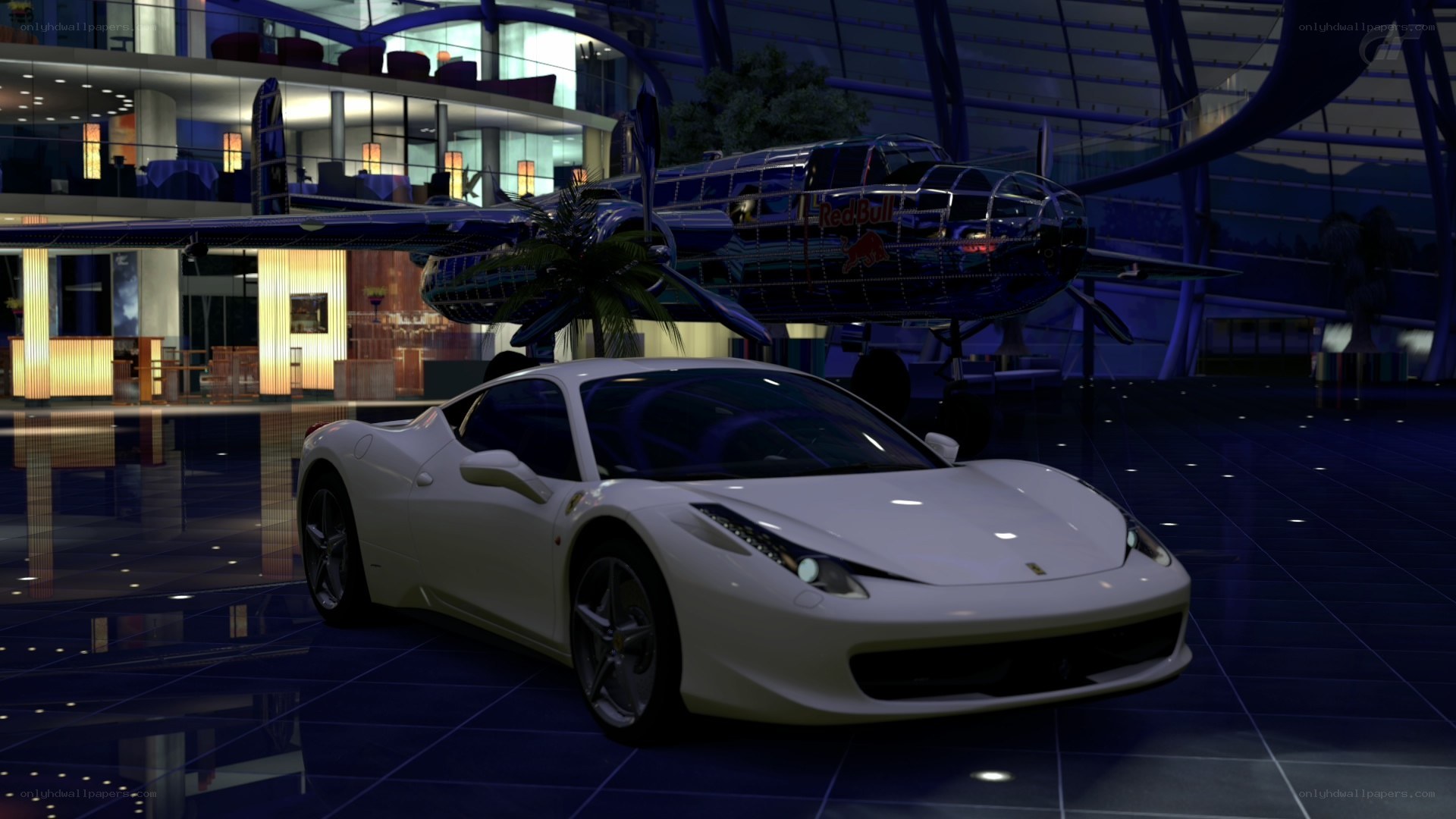 White Ferrari in a modern hall