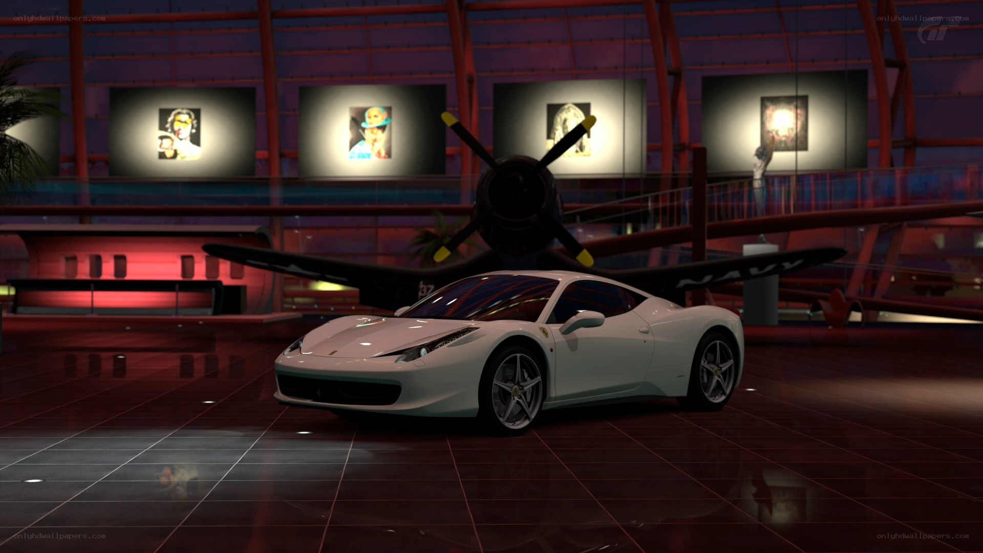 White Ferrari in art gallery