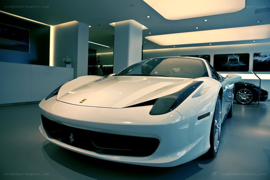 White Ferrari in showroom