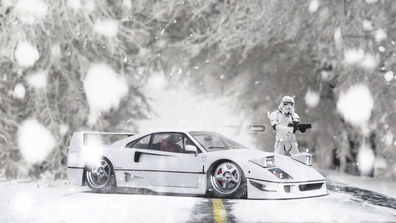 White Ferrari in Snow — Dramatic