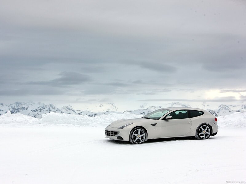 White Ferrari in snowy landscape