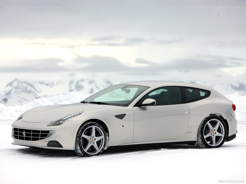 White Ferrari in snowy landscape