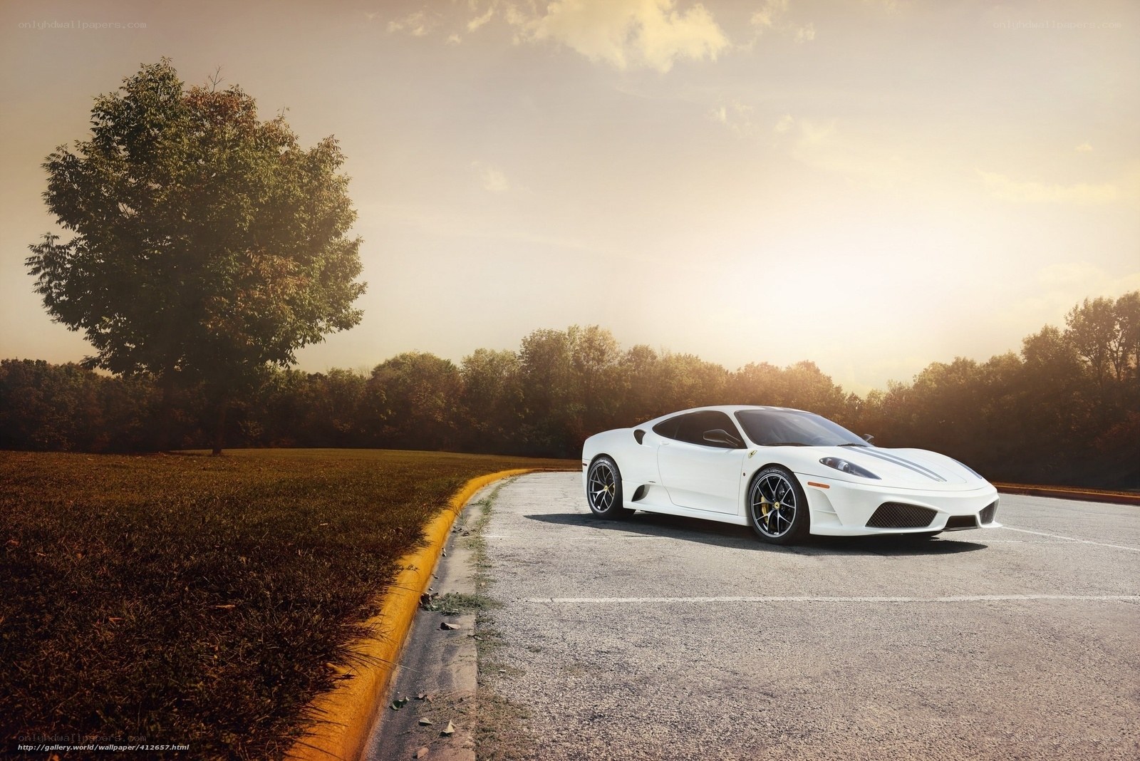 White Ferrari on a country road