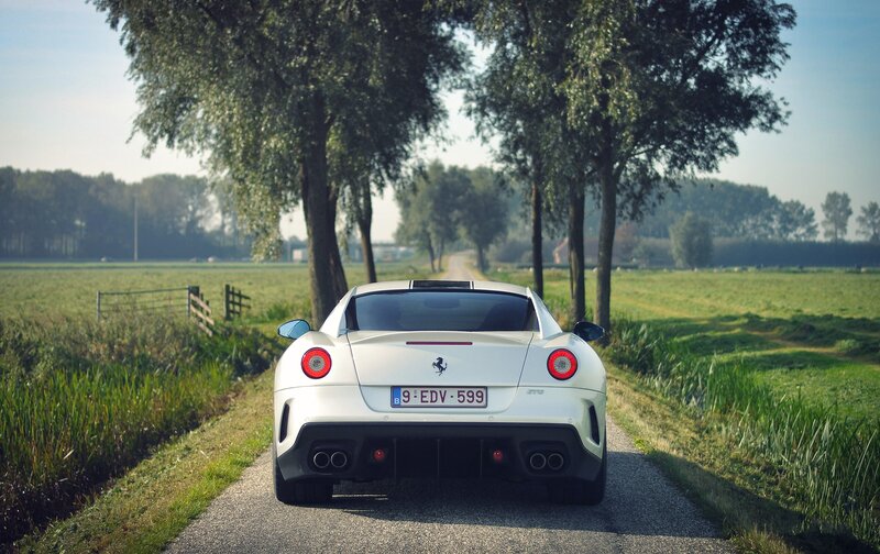 White Ferrari on a country road