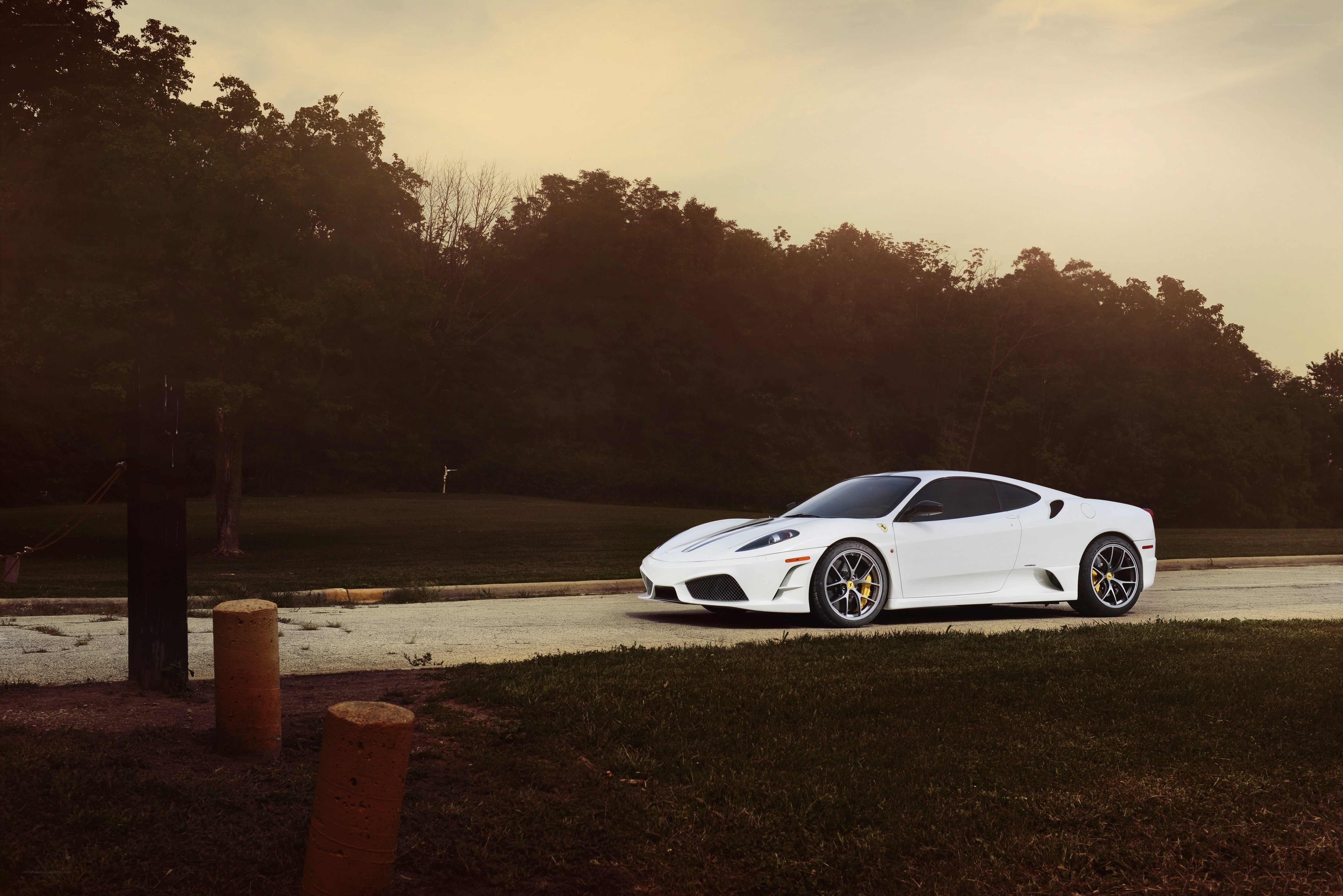 White Ferrari on a quiet road