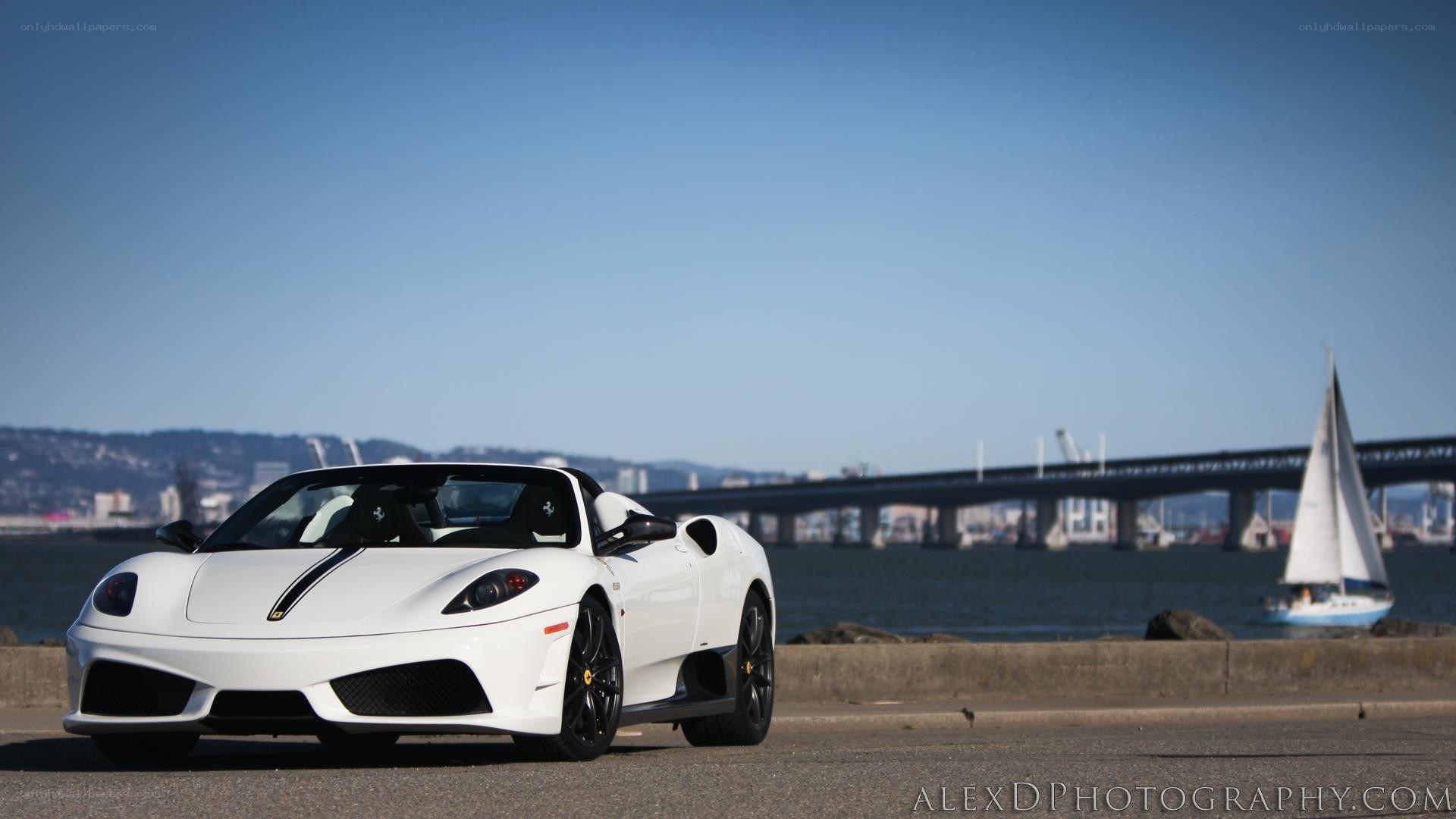 White Ferrari on waterfront