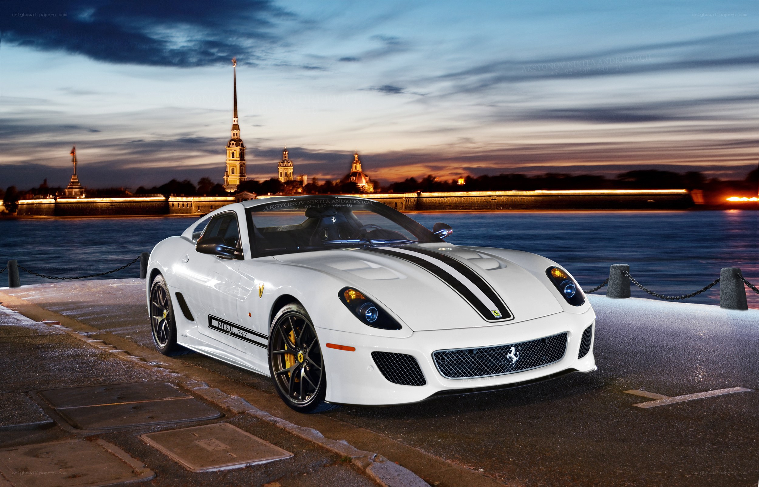 White Ferrari on waterfront