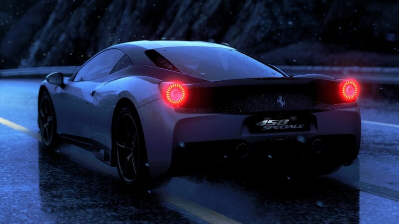 White Ferrari on Wet Road — Blue