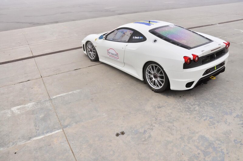 White Ferrari race car on track