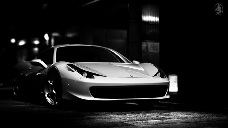 White Ferrari Sports Car — Black, Dramatic
