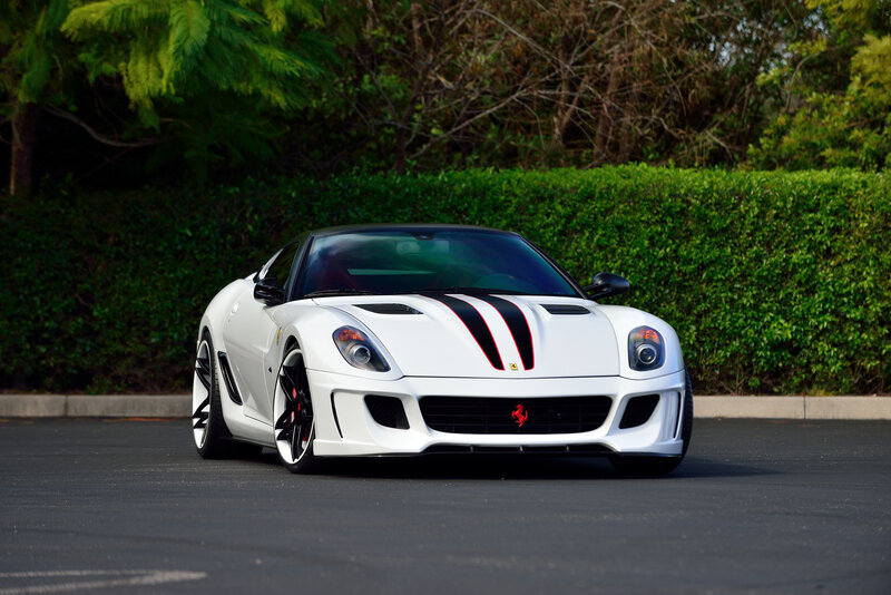 White Ferrari Sports Car — Calm, Afternoon, Photograph, Hedge