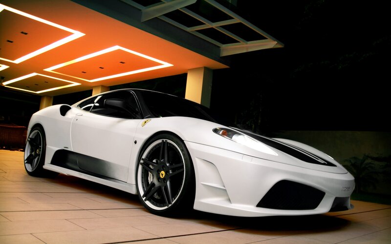 White Ferrari Sports Car — Dramatic, Night, Photograph, Building