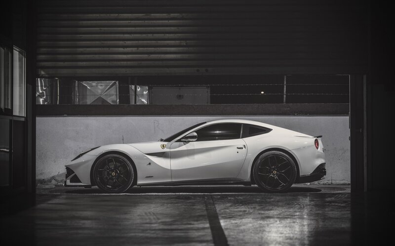 White Ferrari Sports Car — Dramatic, Night, Photograph, Garage