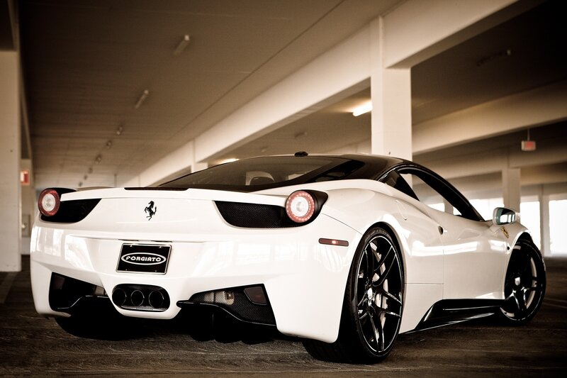 White Ferrari Sports Car — Dramatic, Photograph, Parking Garage, Black Wheels