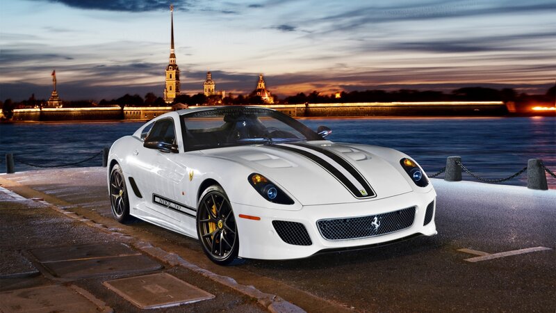 White Ferrari Sports Car — Dramatic, Sunset