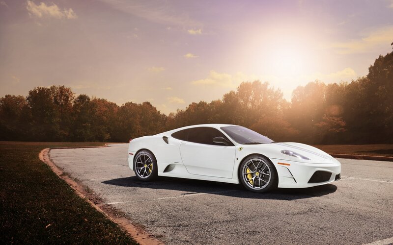 White Ferrari Sports Car — Serene, Sunset, Photograph, Road, Trees, Sun