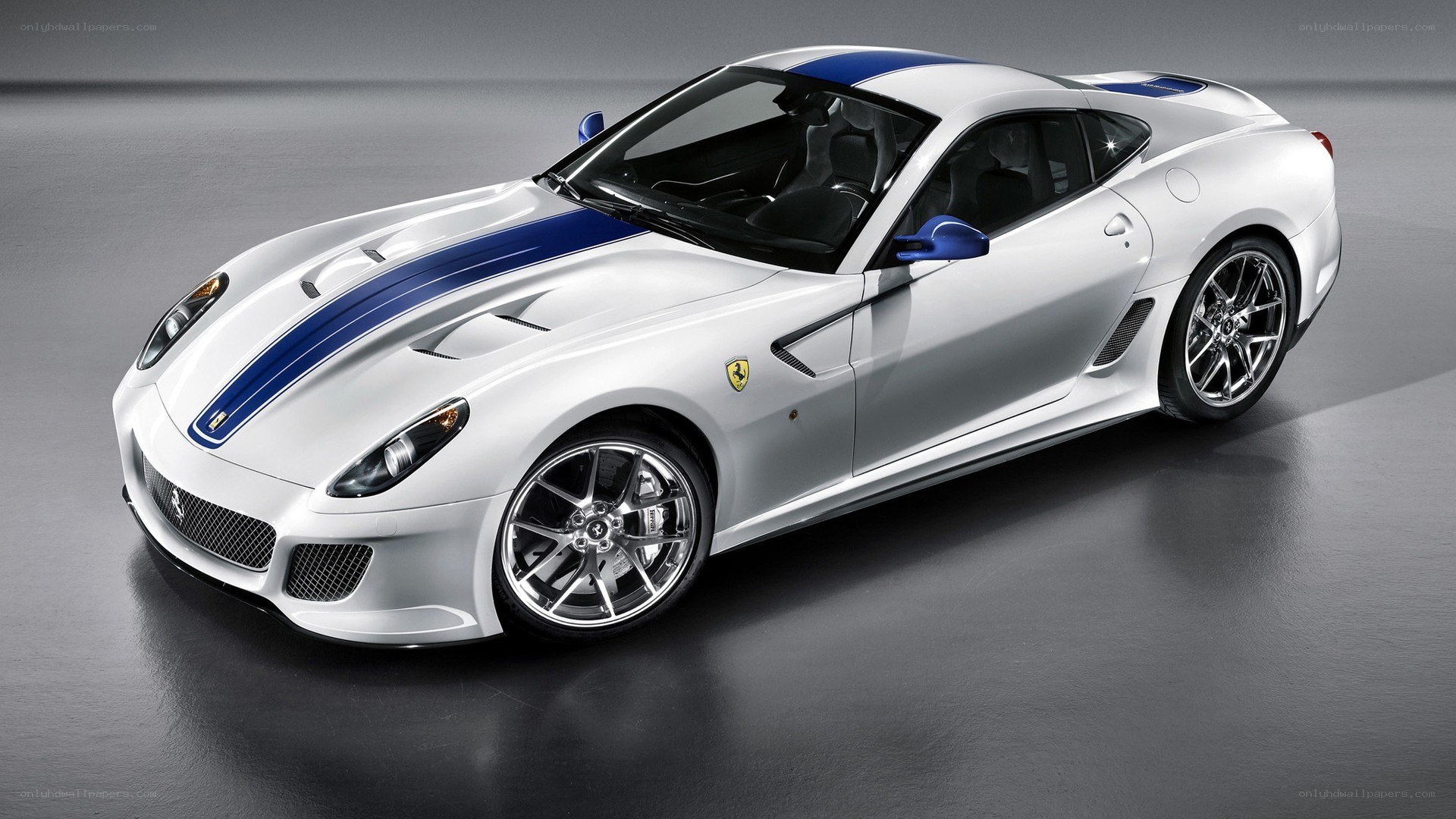 white ferrari with blue stripes