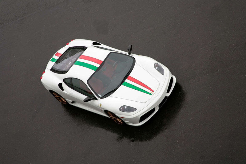 white ferrari with italian stripes