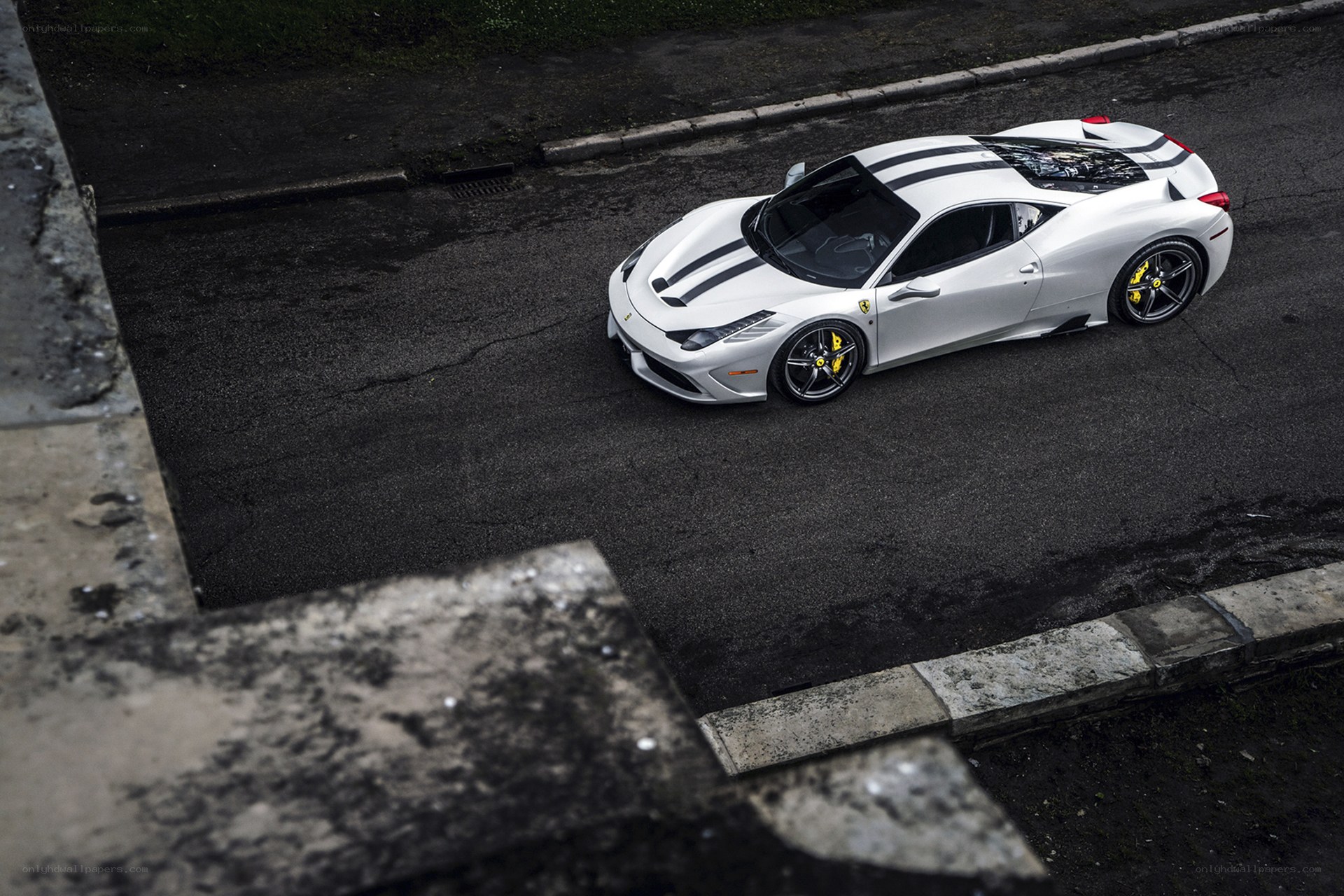 White Ferrari with racing stripes