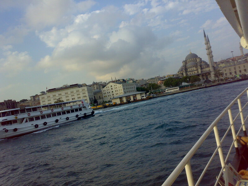 White Ferry Boat — Blue, Calm, Afternoon, Photograph, City Skyline, Mosque