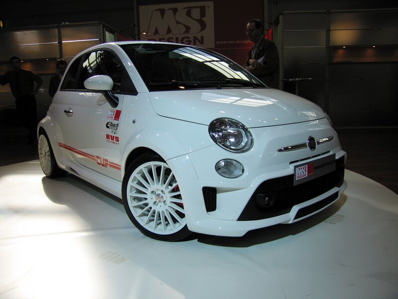 White Fiat 500 Abarth on display