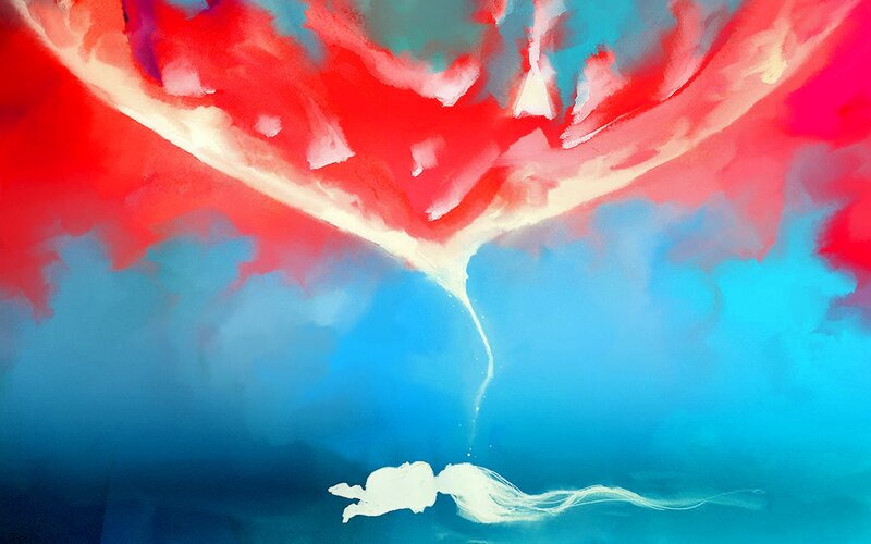 White Figure Falling — Red