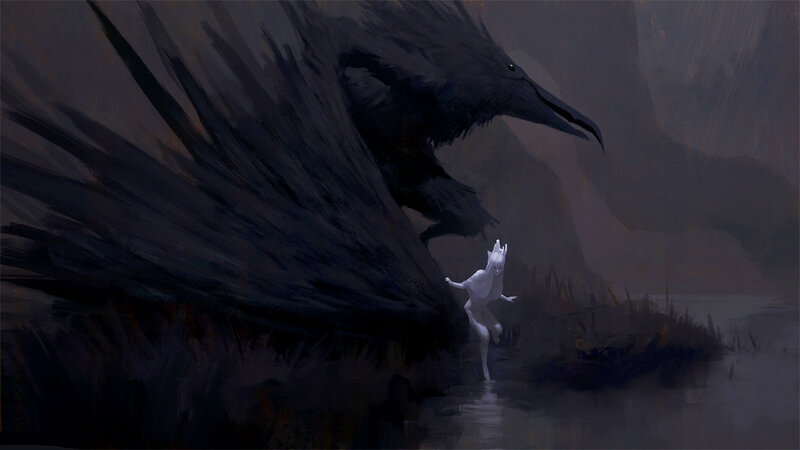 White Figure Fleeing Crow