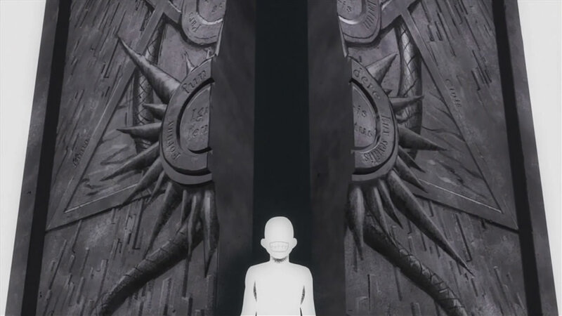 white figure in dark doorway