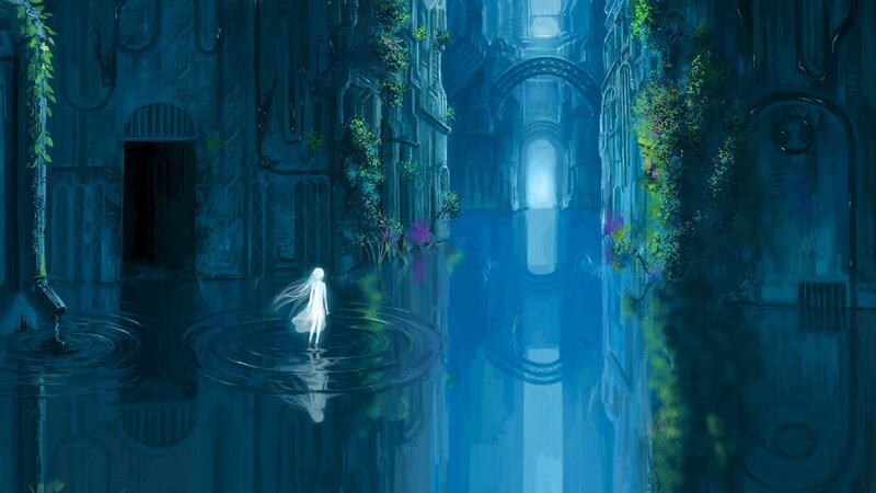 White Figure in Water — Blue, Serene