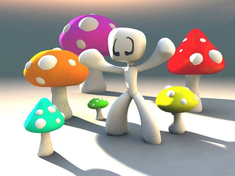 white figure with colorful mushrooms