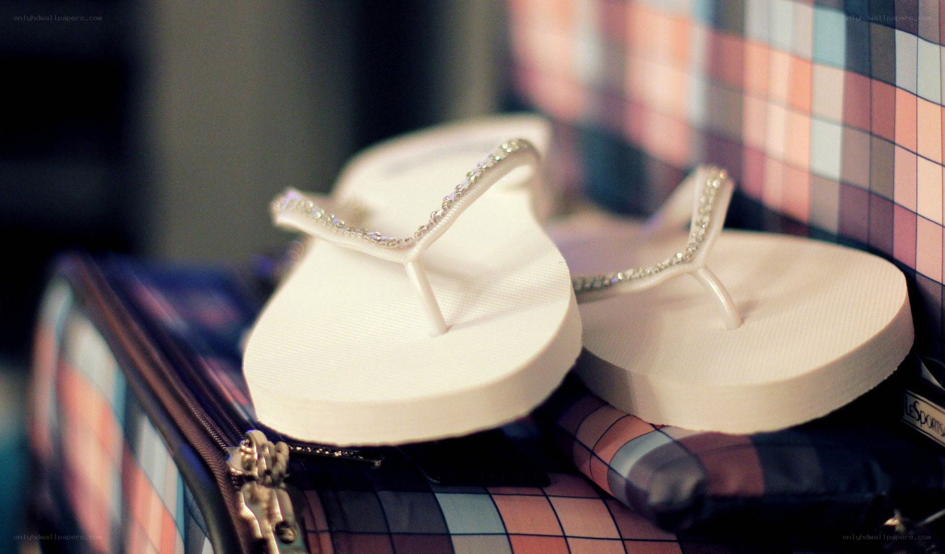 white flip flops with rhinestones