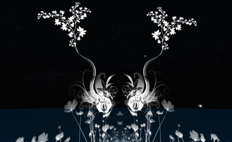 white floral design on dark background