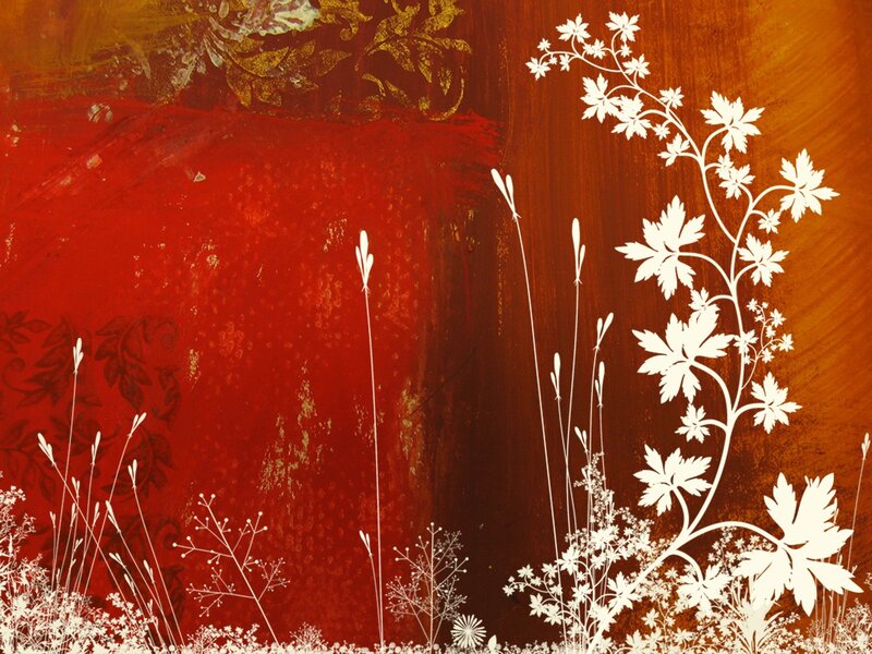 White floral silhouettes on red background