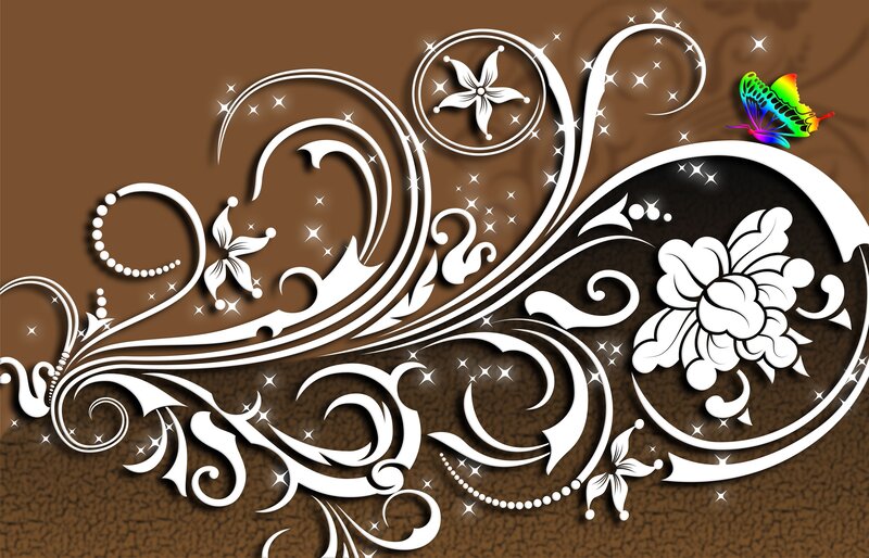 white floral swirls with butterfly