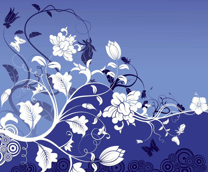 White Floral Vines on Blue