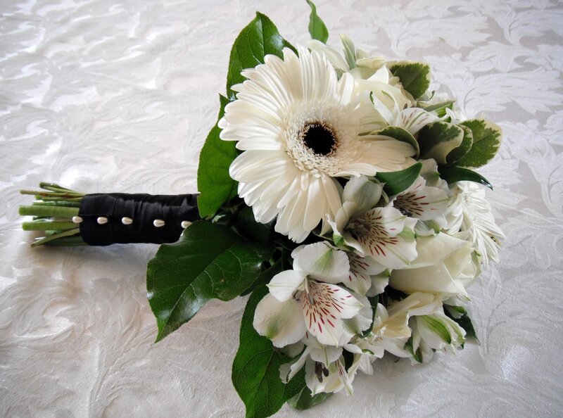 White Flower Bouquet — Serene, Photograph, Green Leaves, Black Ribbon