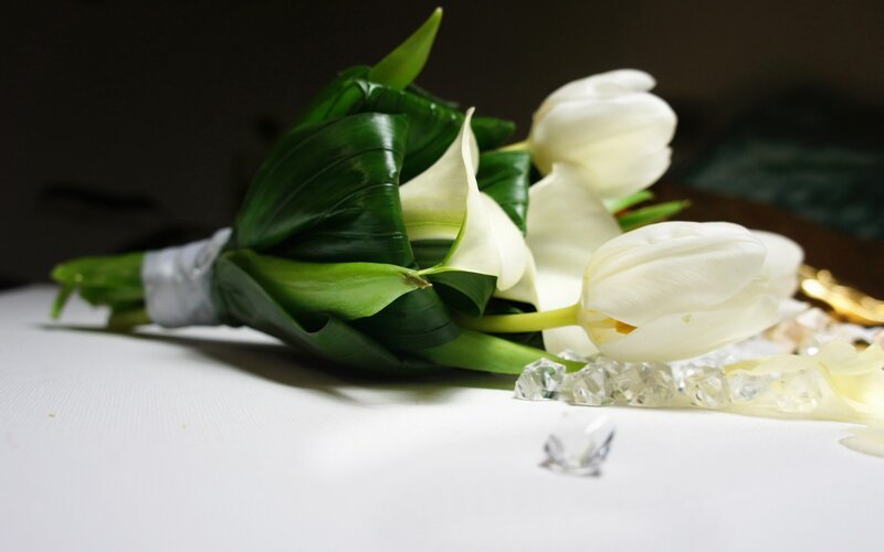 White Flower Bouquet — Serene, Photograph, Green Leaves, Crystals