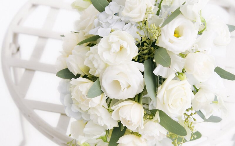 White Flower Bouquet — Serene, Photograph, Green Leaves, White Roses