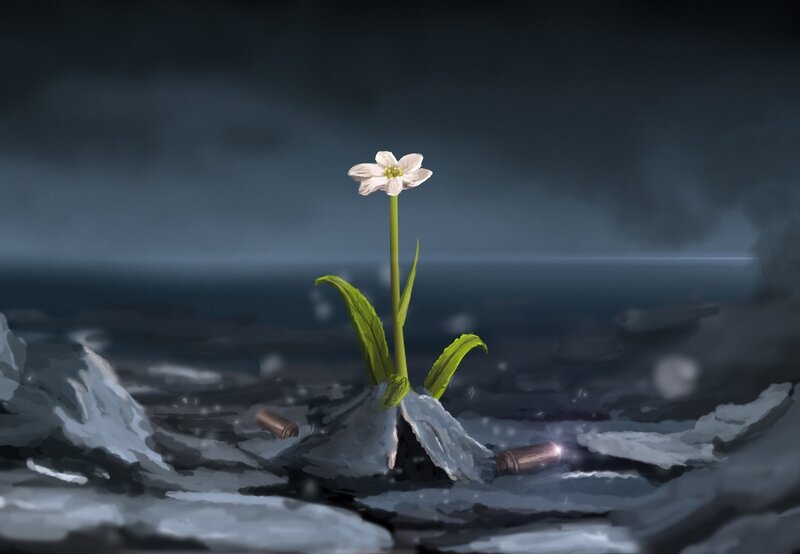 White Flower in Rubble — Gray, Dramatic