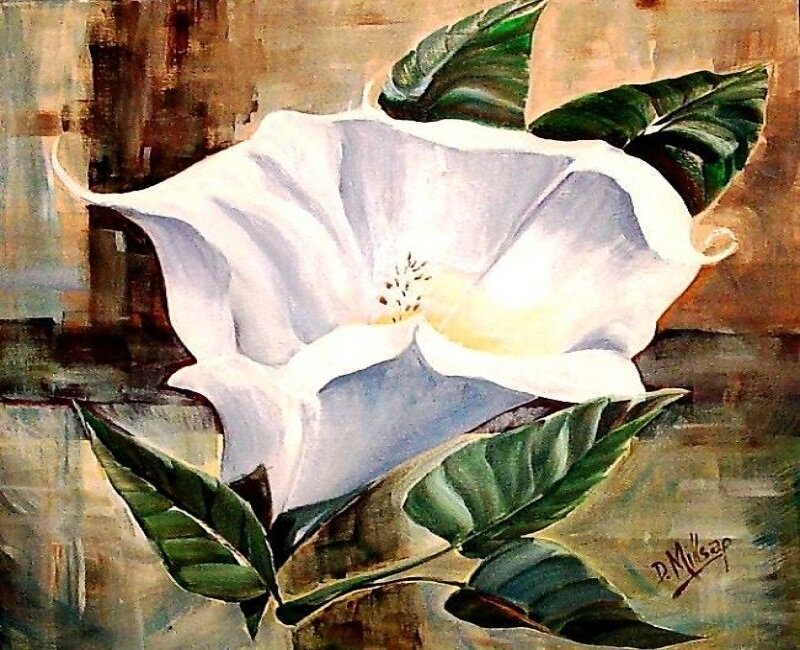 White Flower with Green Leaves — Calm, Painting