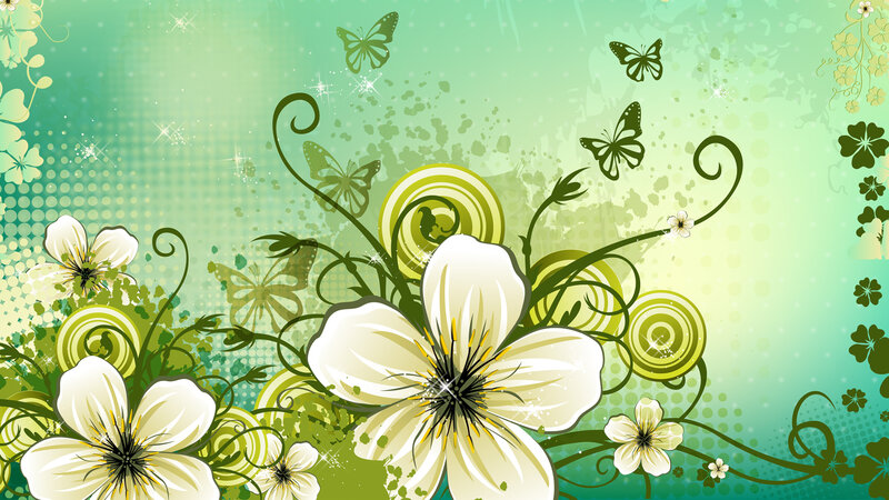White Flowers and Butterflies — Green, Serene, Vector Art