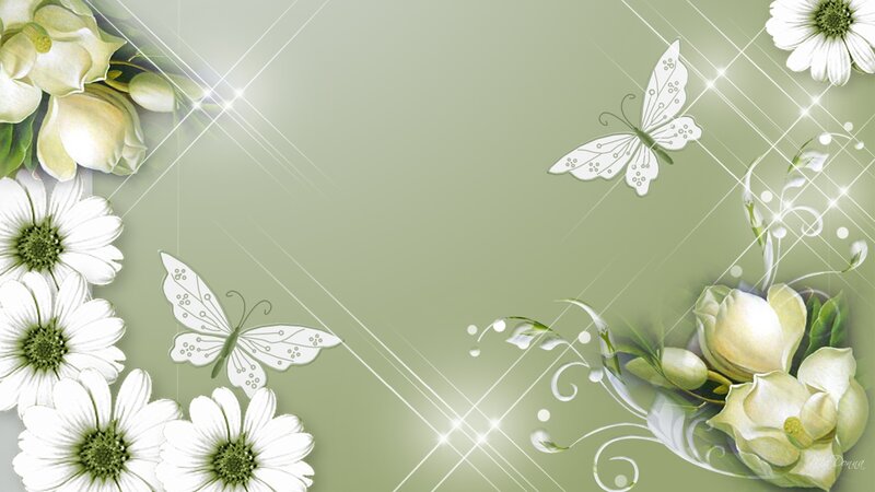 White Flowers and Butterflies — Green
