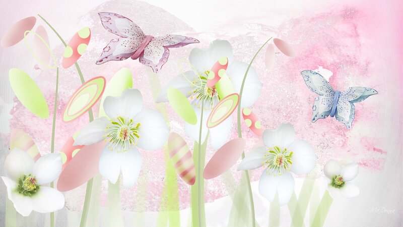 White Flowers and Butterflies — Pink, Serene