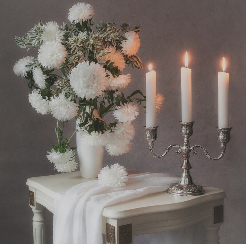White Flowers and Candles — Serene
